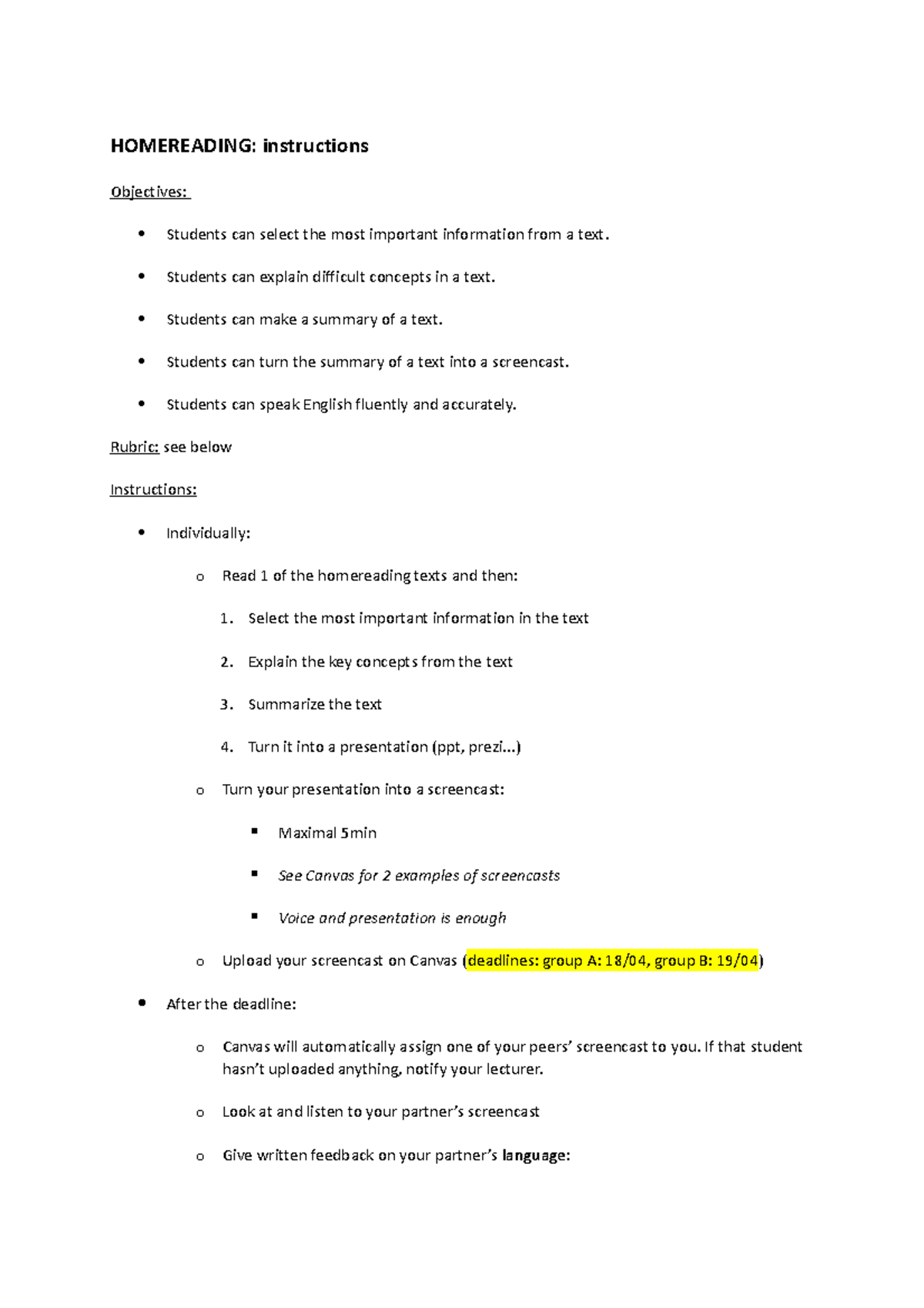 Homereading instructions and rubric - HOMEREADING: instructions ...