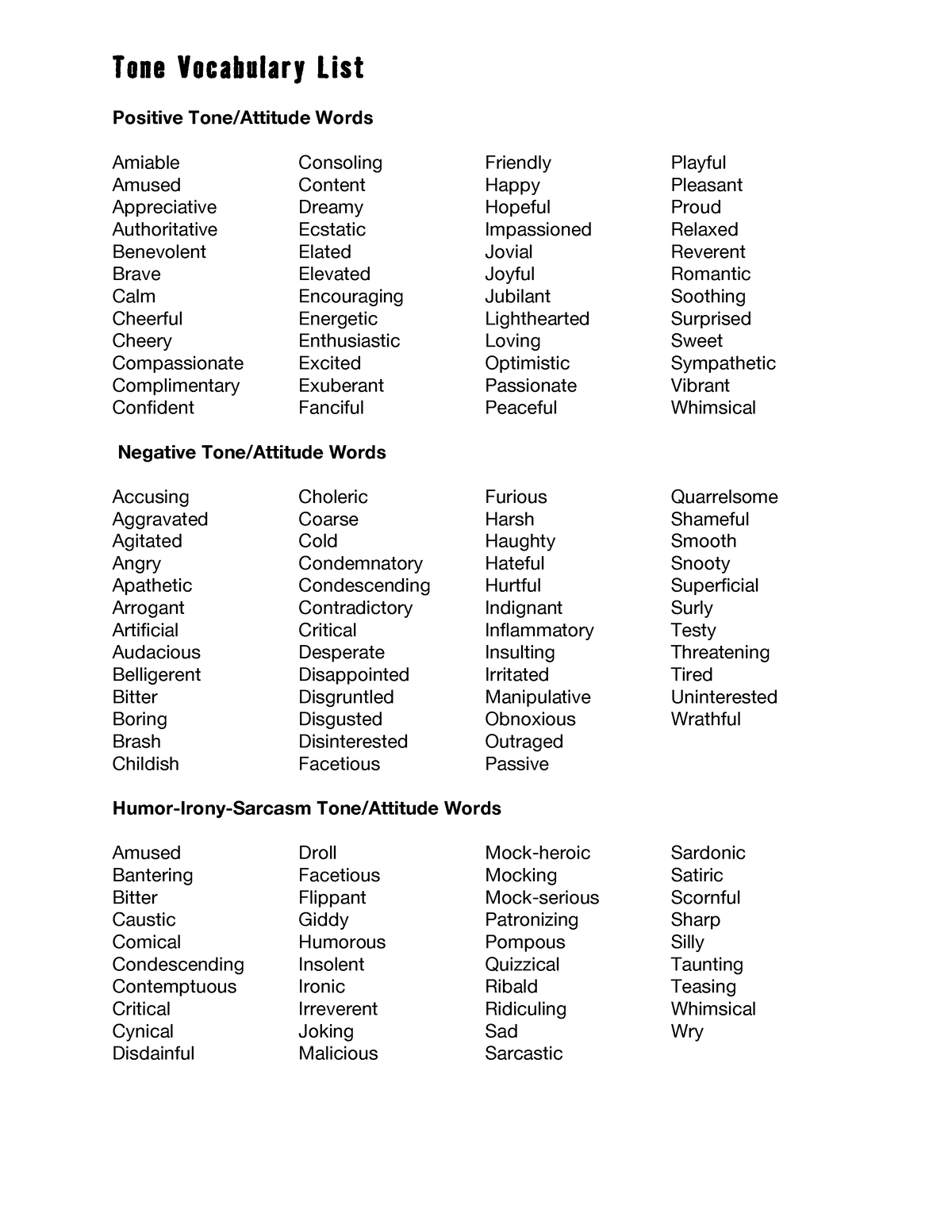 Tone words - Tone Vocabulary List Positive Tone/Attitude Words Amiable ...