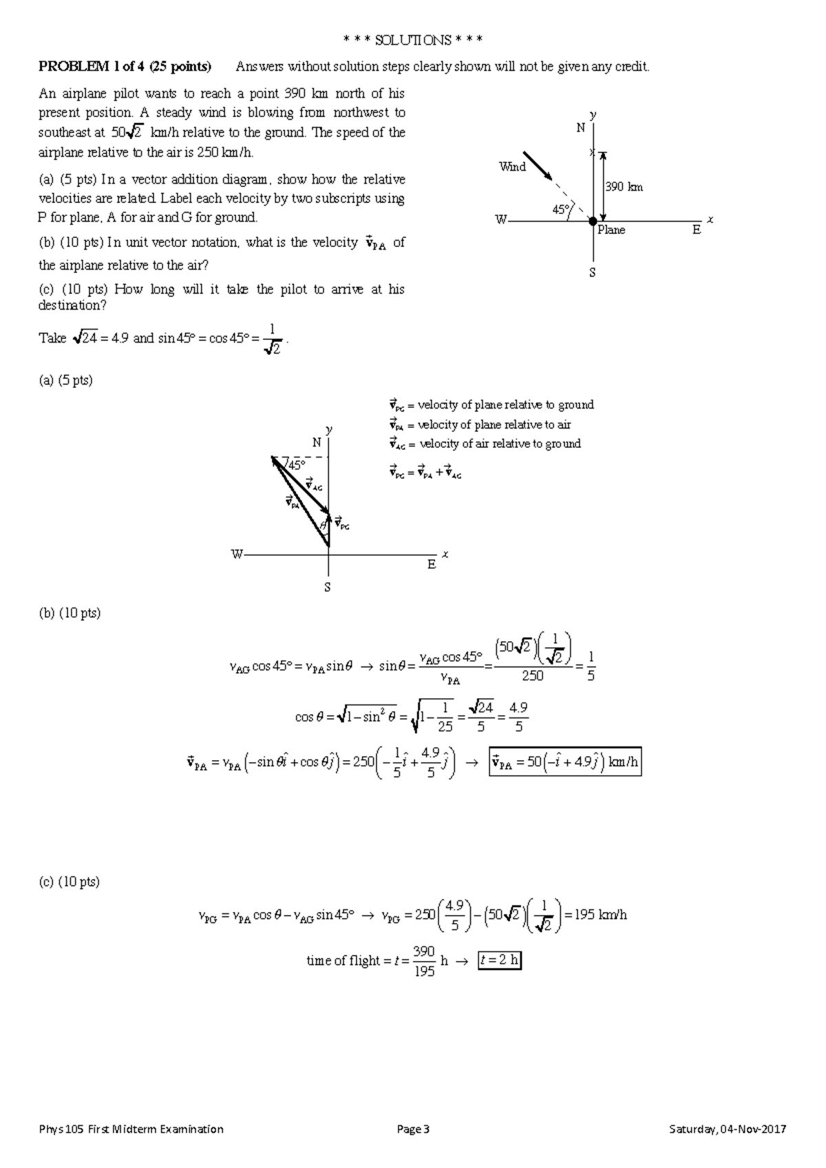 2017 PHYS 105 MIDTERM 1 - PROBLEM 1 Of 4 (25 Points) Answers Without ...