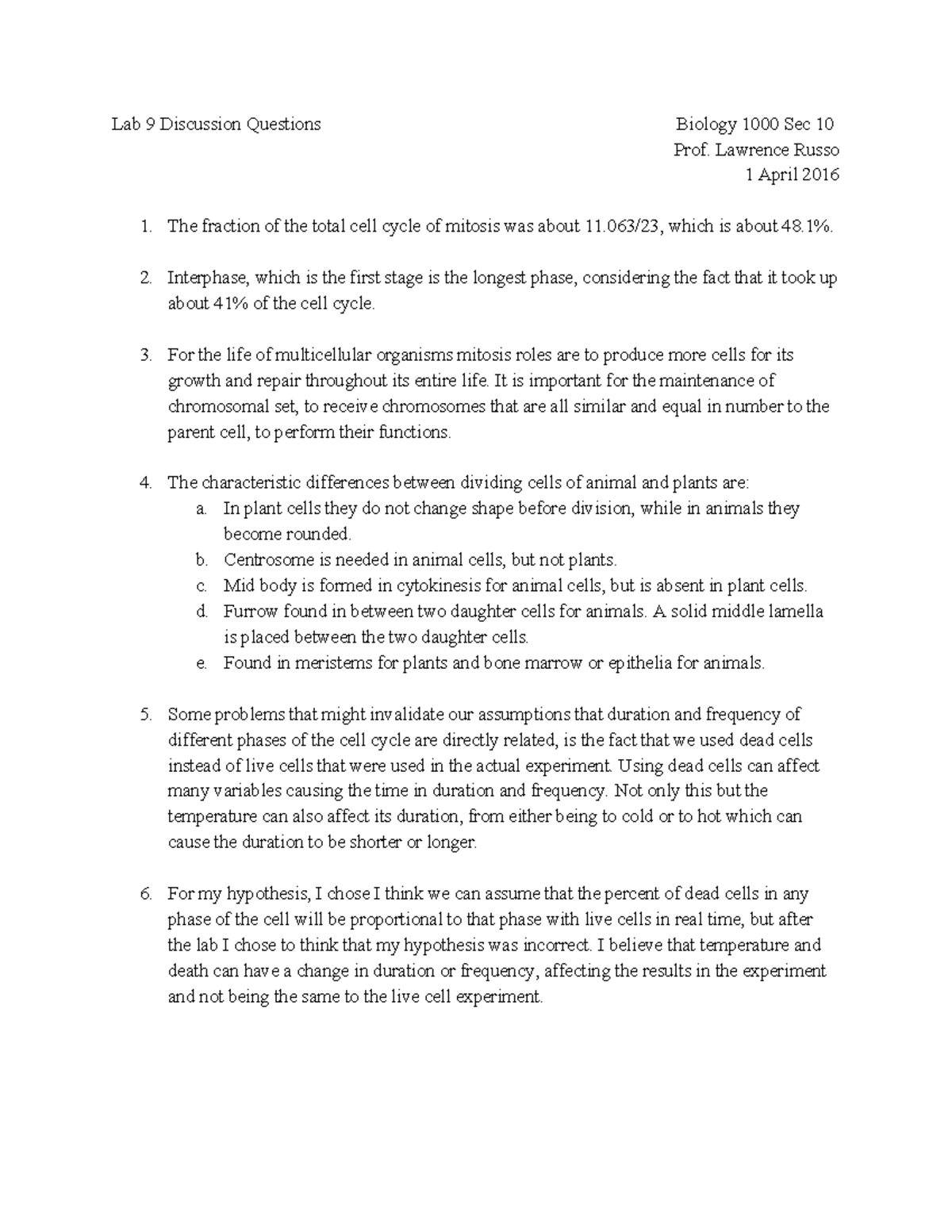 Lab 9 - Bio 1000 - Lab 9 answers - BIO 1000 - Principles Of Biology ...