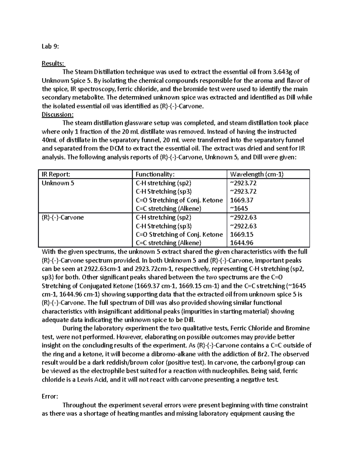 Lab 9 Essential Oils from Spices by Steam Distillation Lab 9 Results The Steam