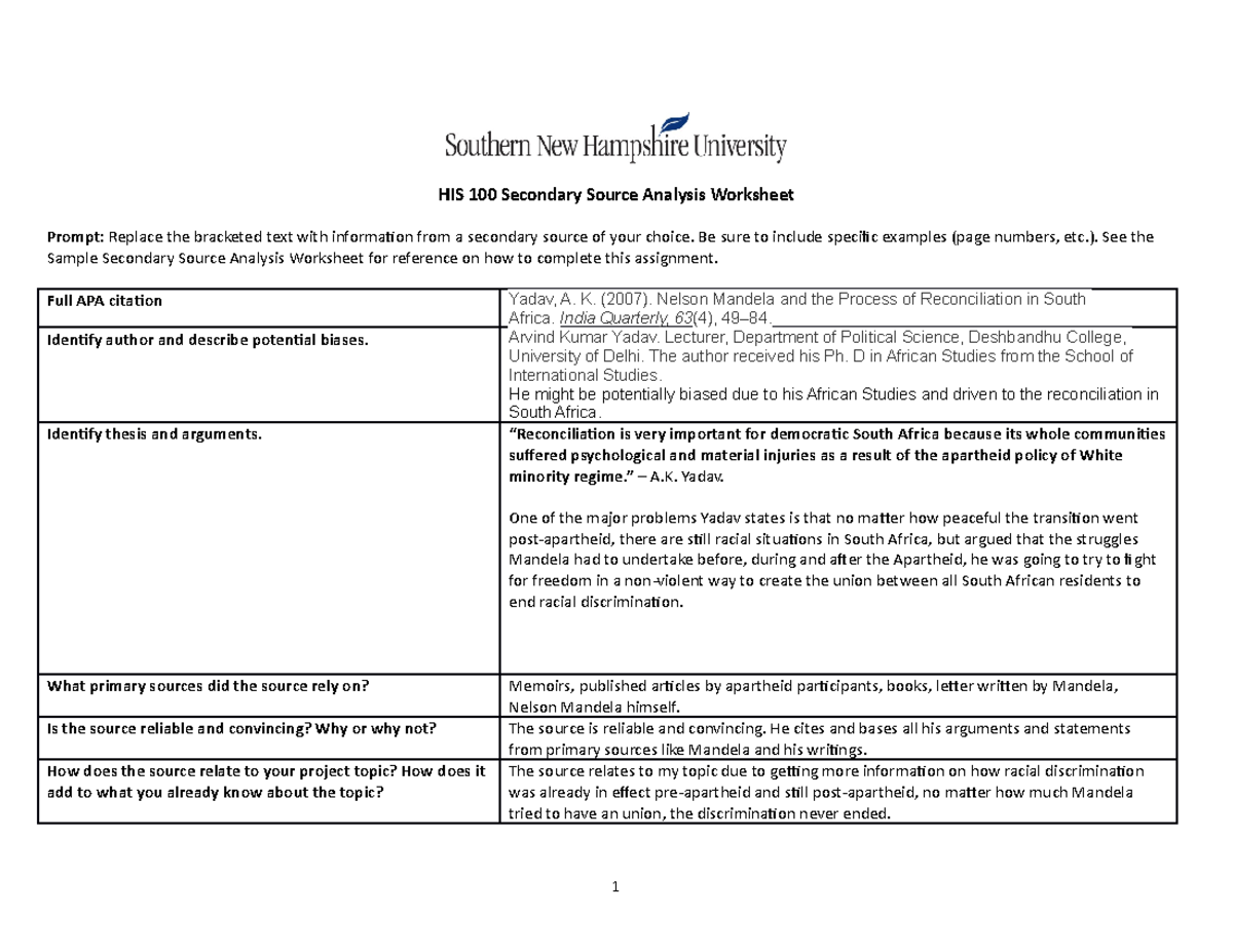 HIS 100 Secondary Source Analysis - Be sure to include specific ...