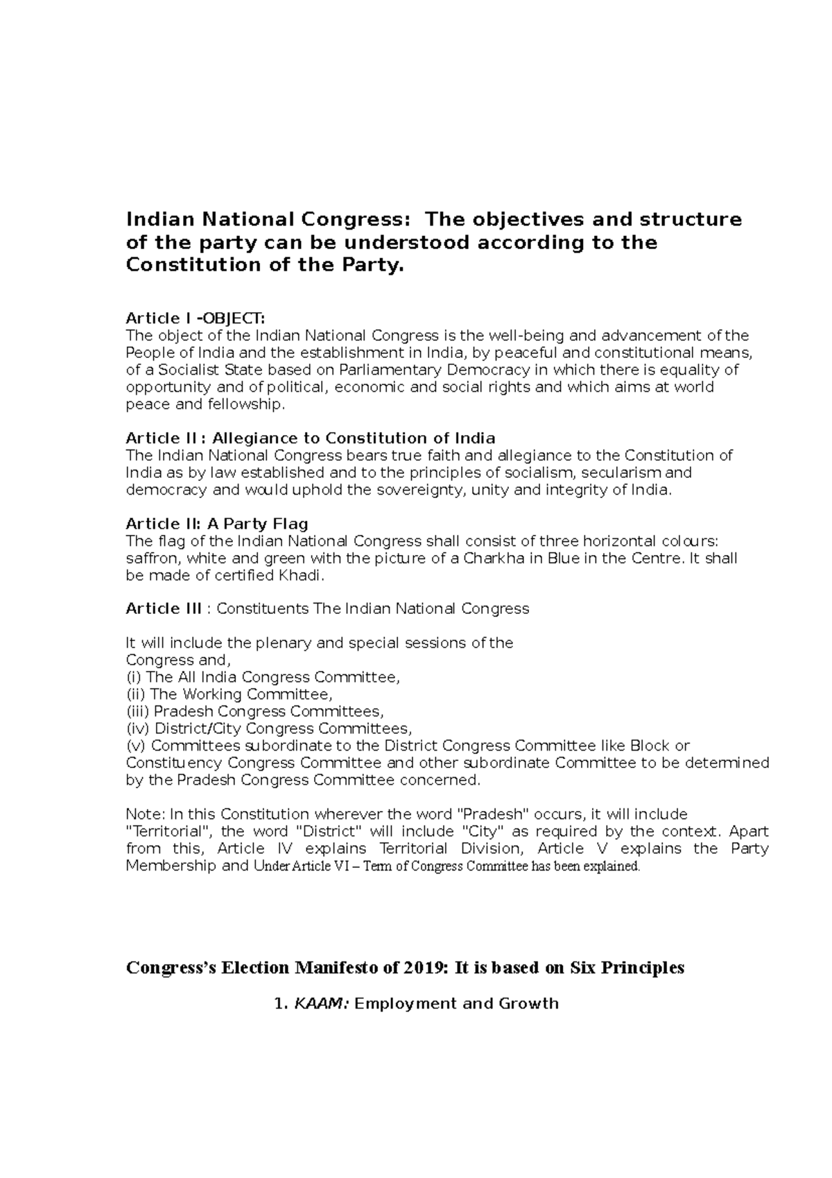 Indian National Congress - Article I -OBJECT: The object of the Indian ...