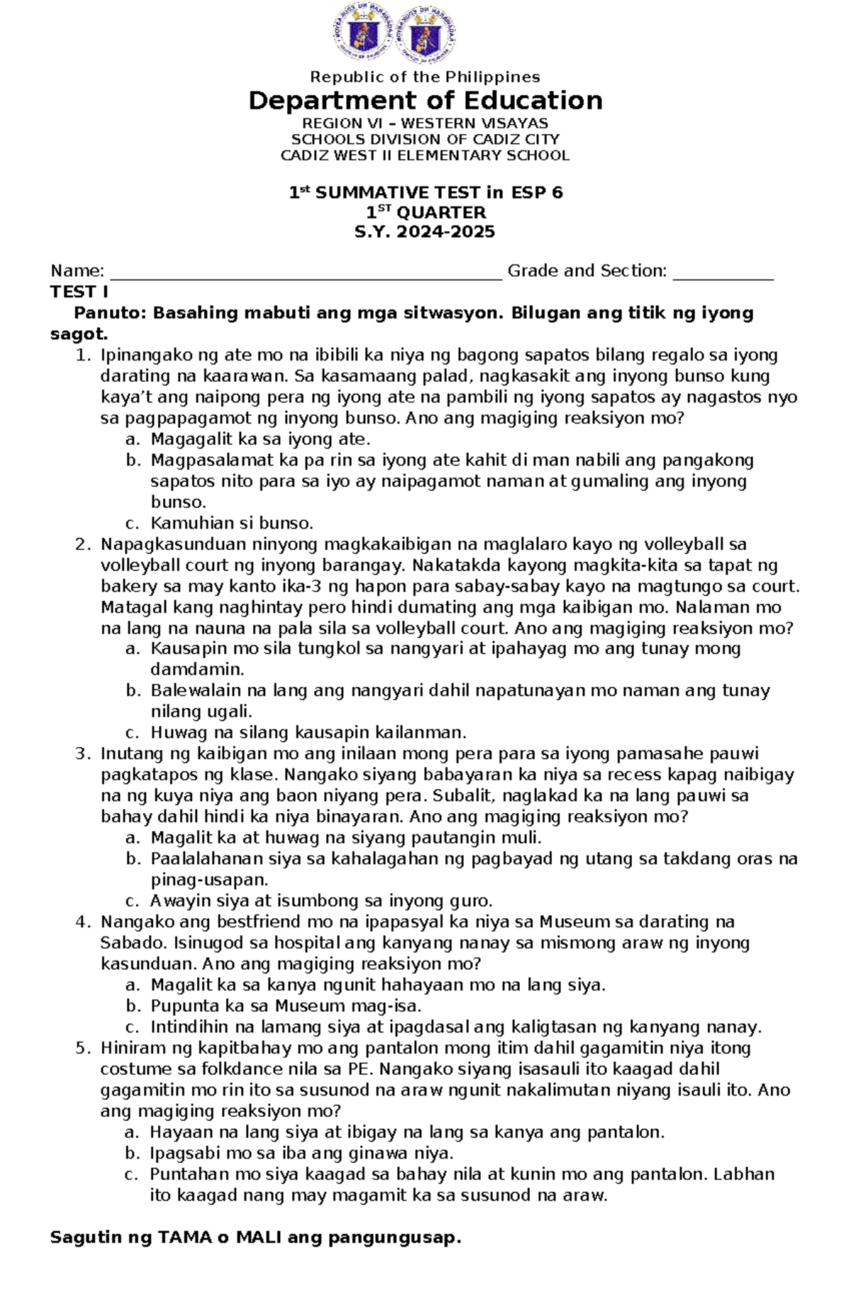 Esp6 St1 Q1 Summative Test In Esp 6 Republic Of The Philippines Department Of Education 9519