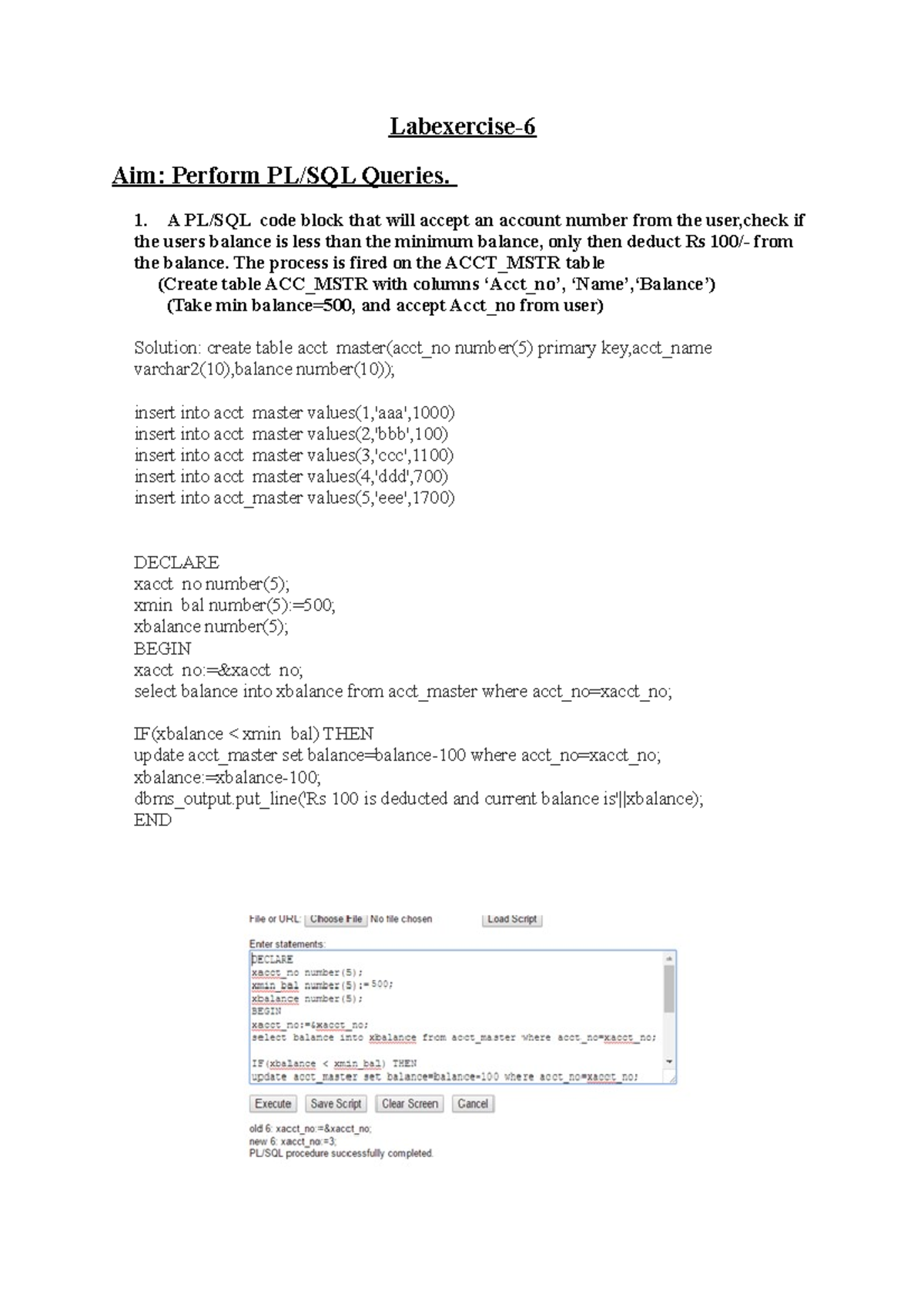 Plsql 2017 - PARACTICAL MATERIAL - Labexercise- Aim: Perform PL/SQL ...