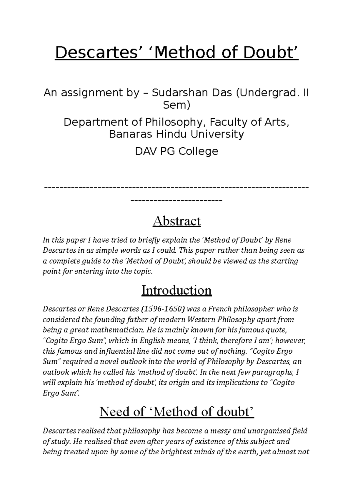 Descartes Method of Doubt An Explanation - Descartes’ ‘Method of Doubt ...