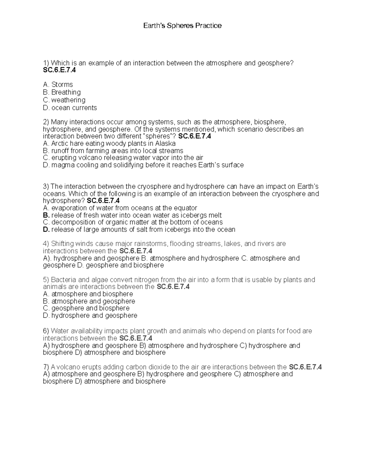 Earths Spheres Practice Questions Earth s Spheres Practice Which Is