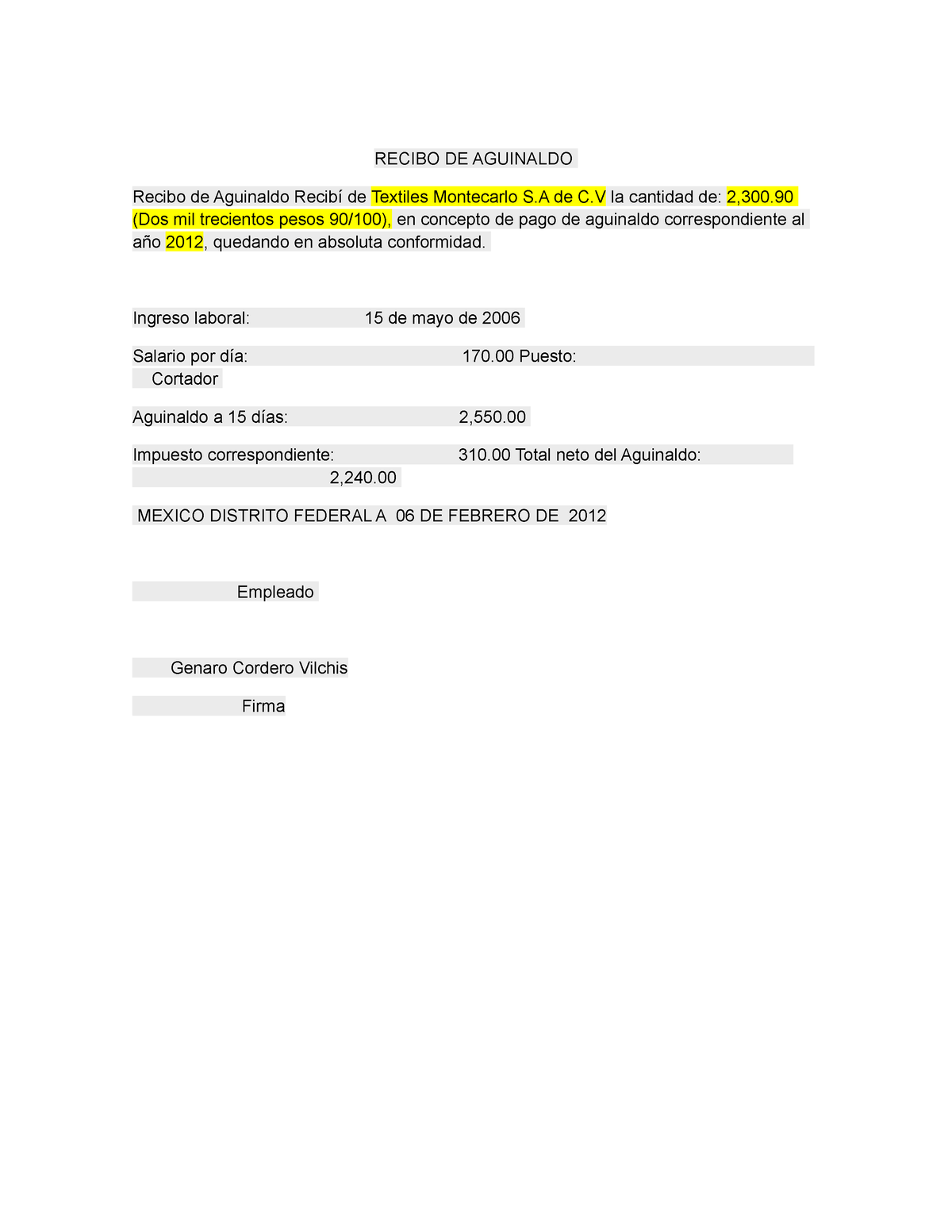 Recibo De Aguinaldo Documento Legal Recibo De Aguinaldo Recibo De Aguinaldo Recibí De 6833