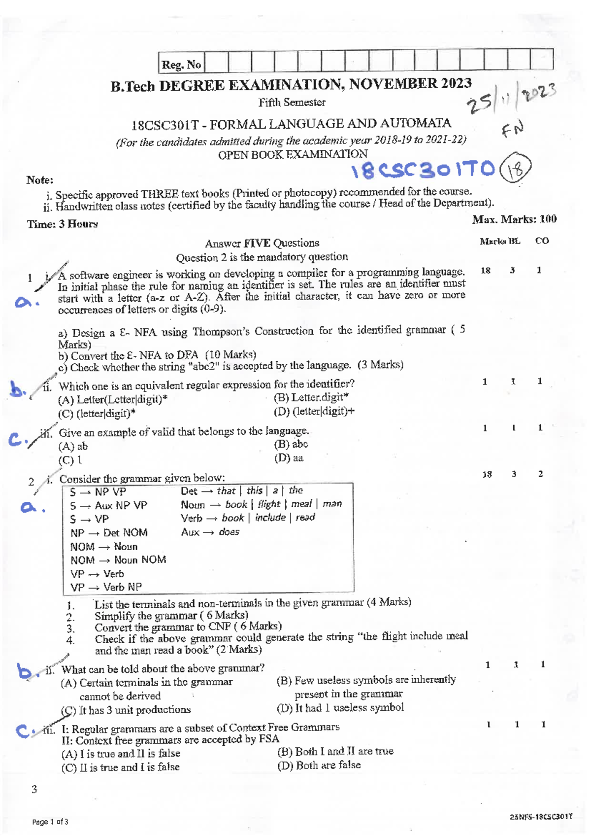 18CSC301T Question paper - Reg. No B DEGREE EXAMINATION, NOVEMBER 2023 ...