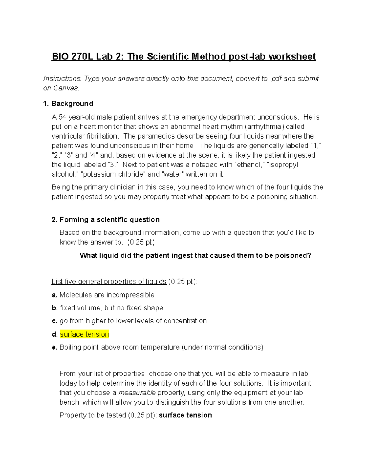 BIO 270 L Lab 2 Lab answers BIO 270L Lab 2 The Scientific Method