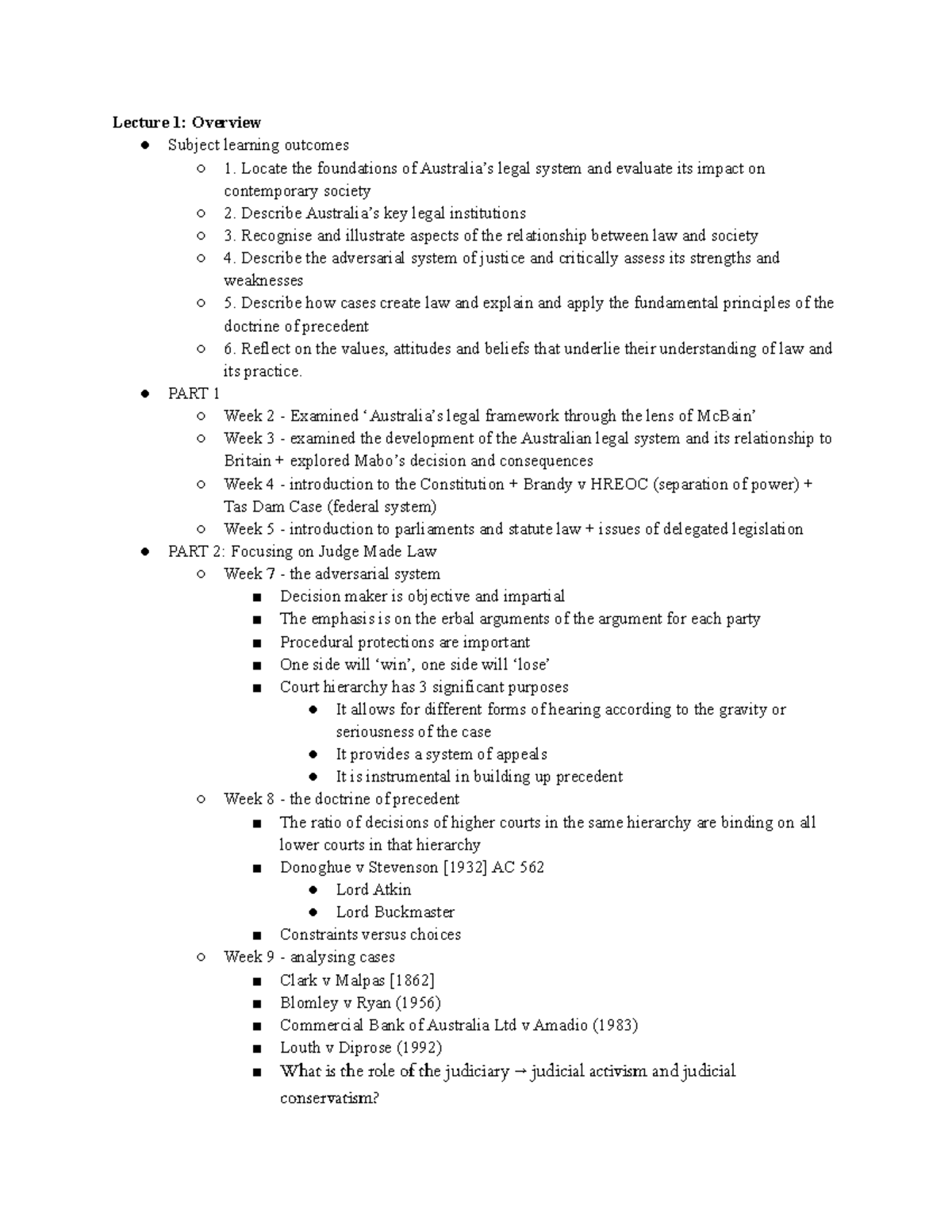 Week 13 - Lecture notes 13 - Lecture 1: Overview Subject learning ...