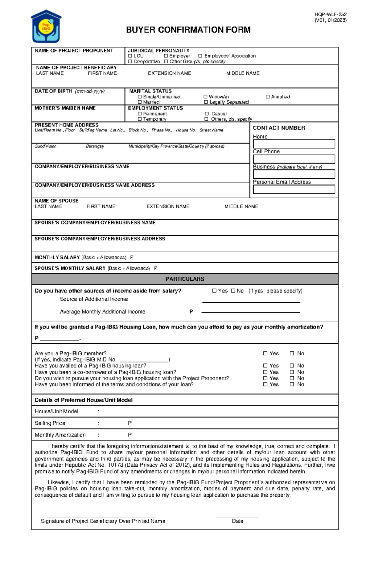 WLF252 Buyer Confirmation Form V01 - NAME OF PROJECT PROPONENT ...