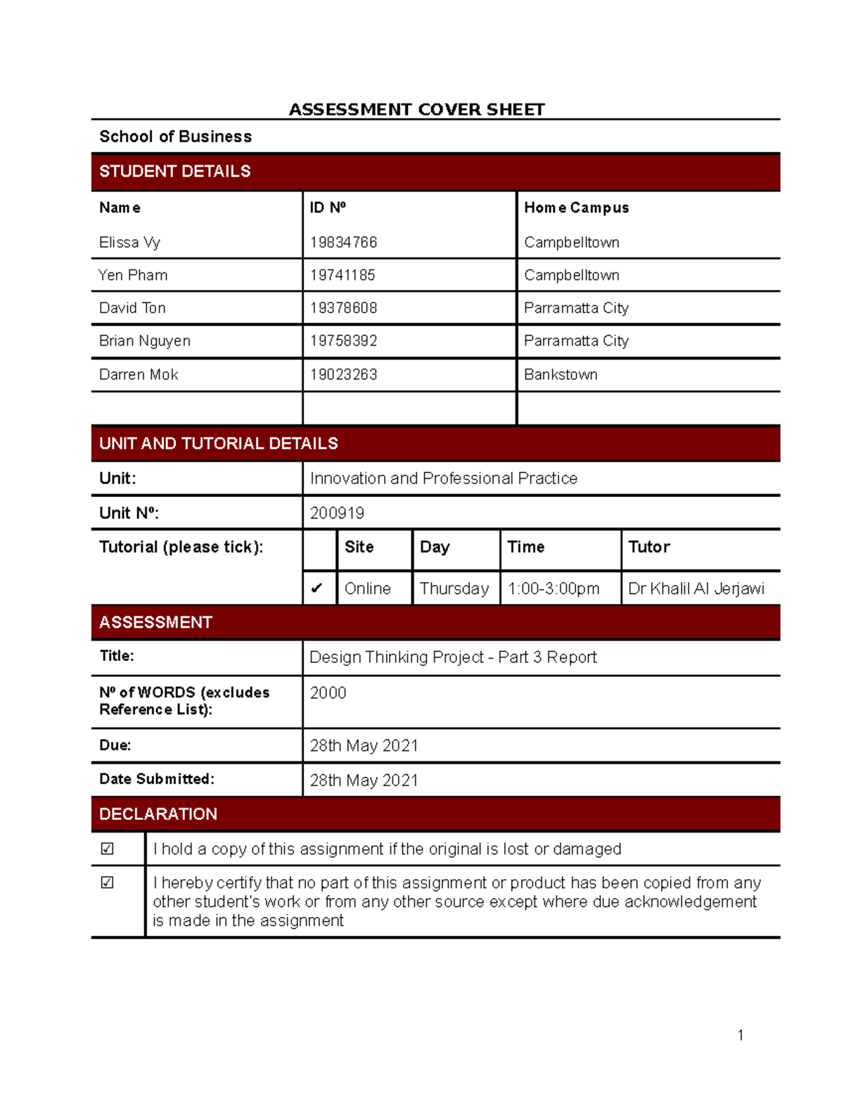 IPP DT Report - lecture notes - ASSESSMENT COVER SHEET School of ...