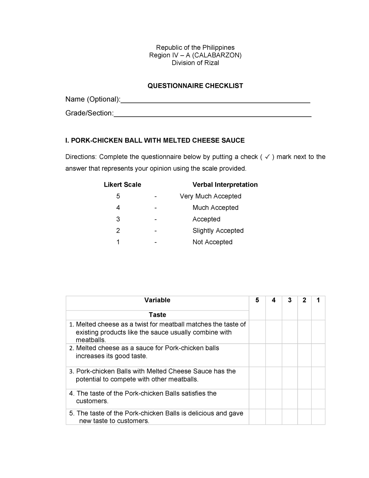 Questionnaire- Checklist about Chicken BALL WITH Melted Cheese Sauce ...