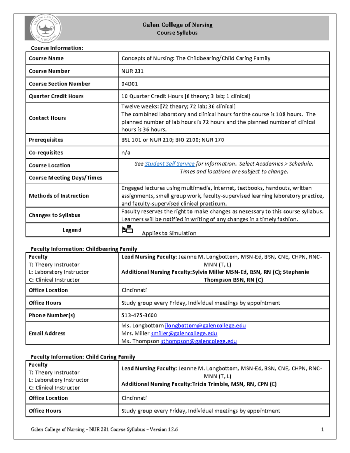 NUR 231 Syllabus Version 12-6 (completed) - Galen College of Nursing ...