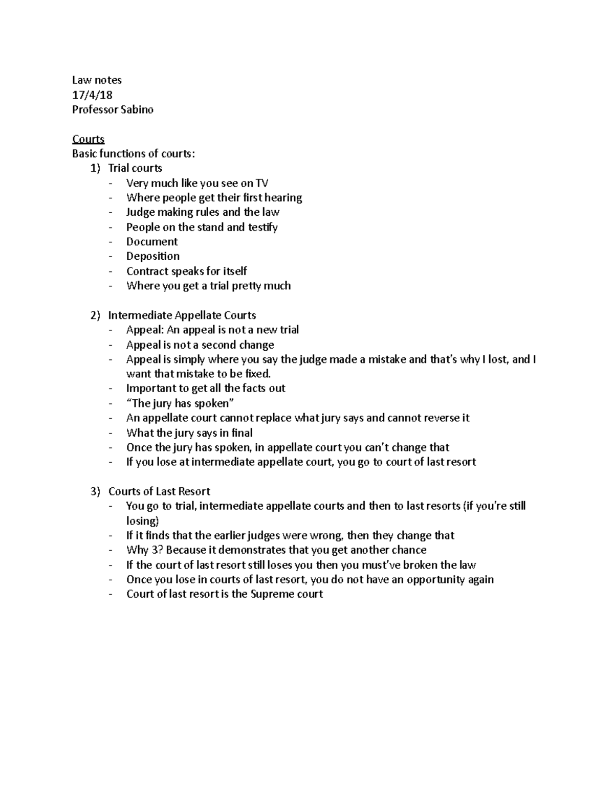 Law notes 15 Law notes 17/4/ Professor Sabino Courts Basic functions
