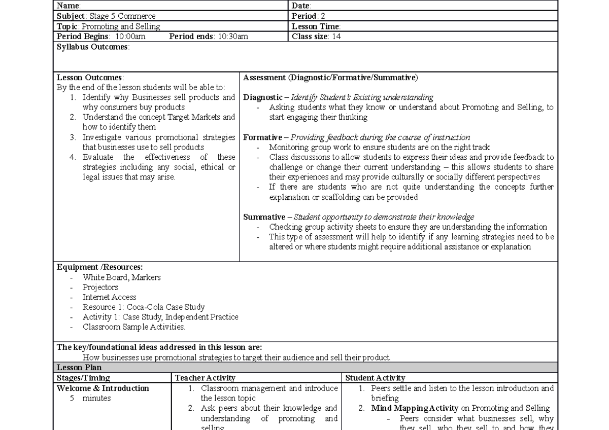 Promoting and selling lesson plan - Name: Date: Subject: Stage 5 ...