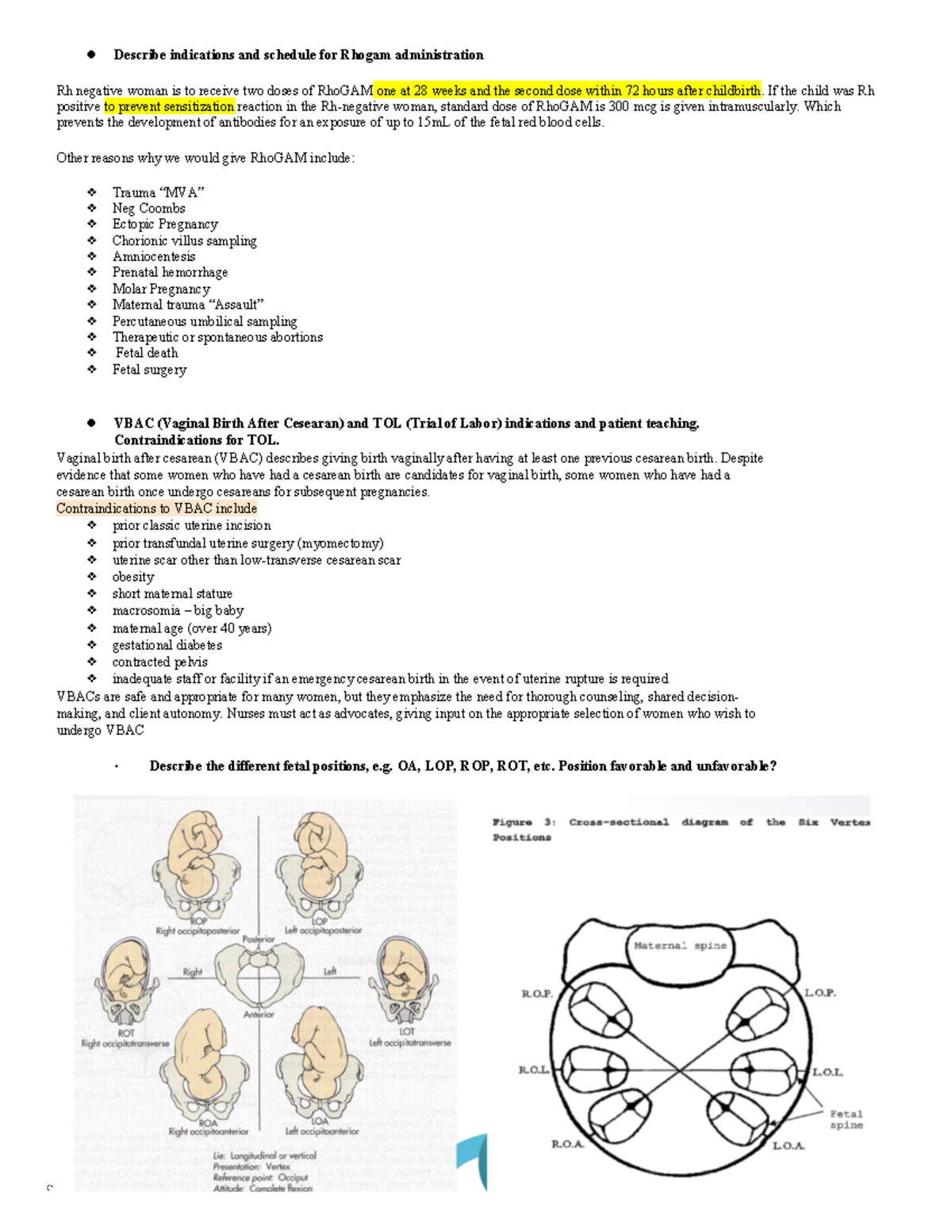 OB EXAM 3 - study guide - Describe indications and schedule for Rhogam ...