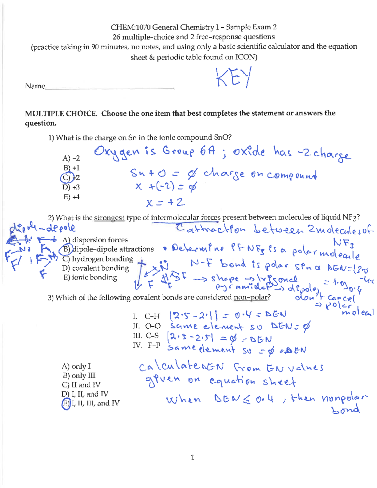 CHEM1070 Sample EXAM2+for+Fall+2023Written Solutions - CHEM1110000A ...