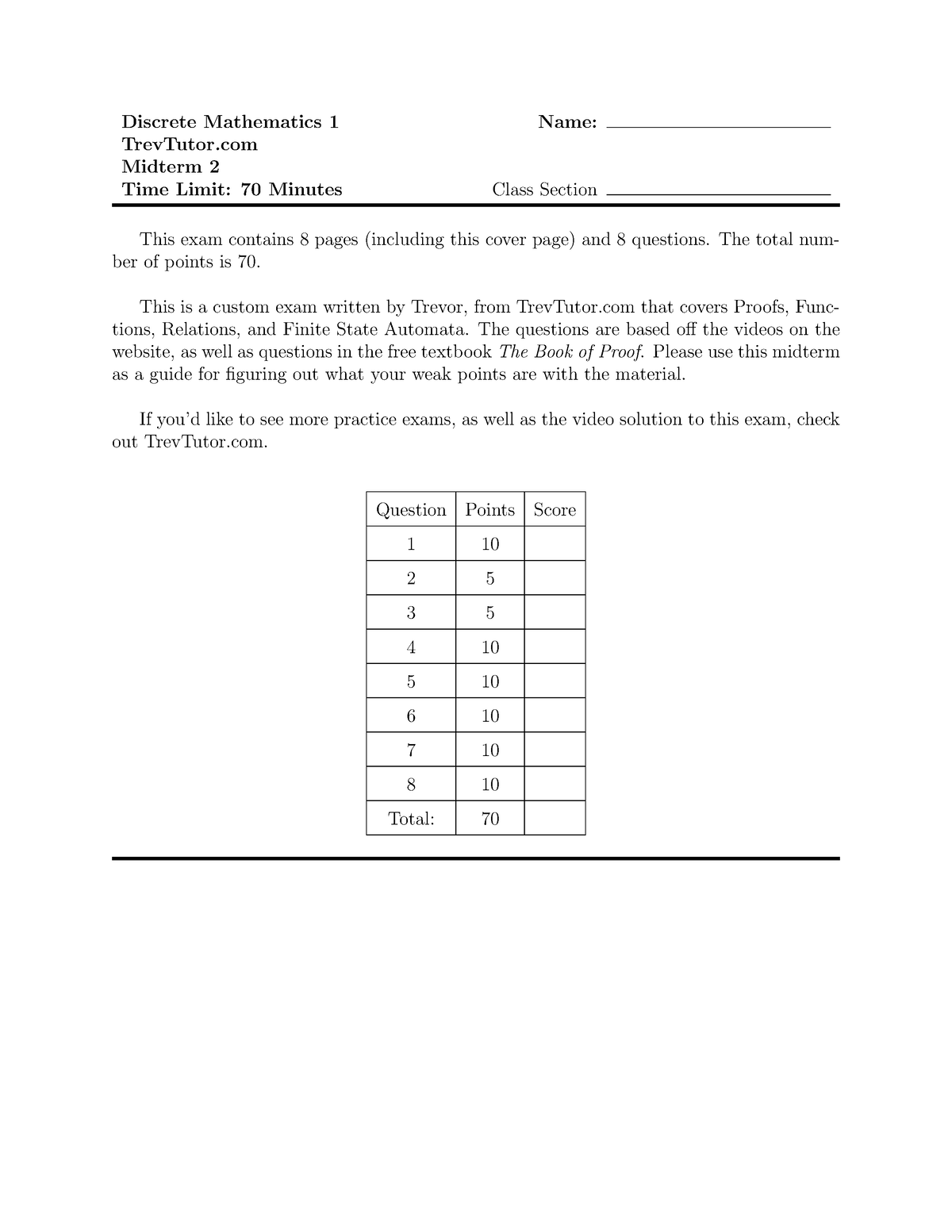 Discrete Math 1 Midterm 2 - Discrete Mathematics 1 Name: TrevTutor ...