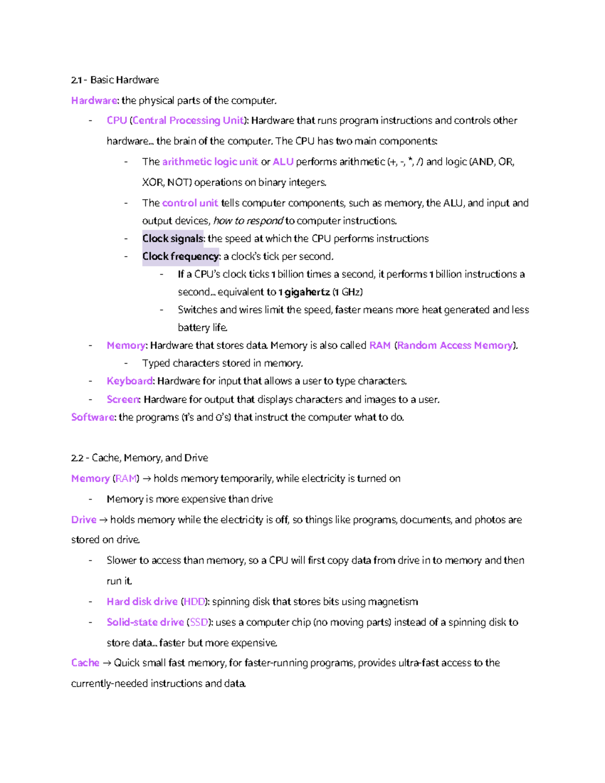 Chapter 2 Notes - 2 - Basic Hardware Hardware : the physical parts of ...