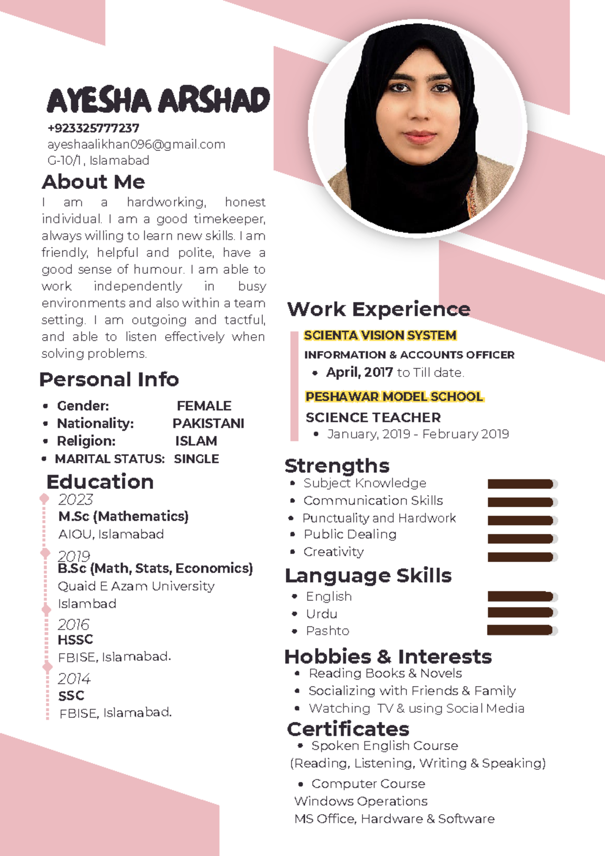 Ayesha CV - Language Skills I am a hardworking, honest individual. I am ...