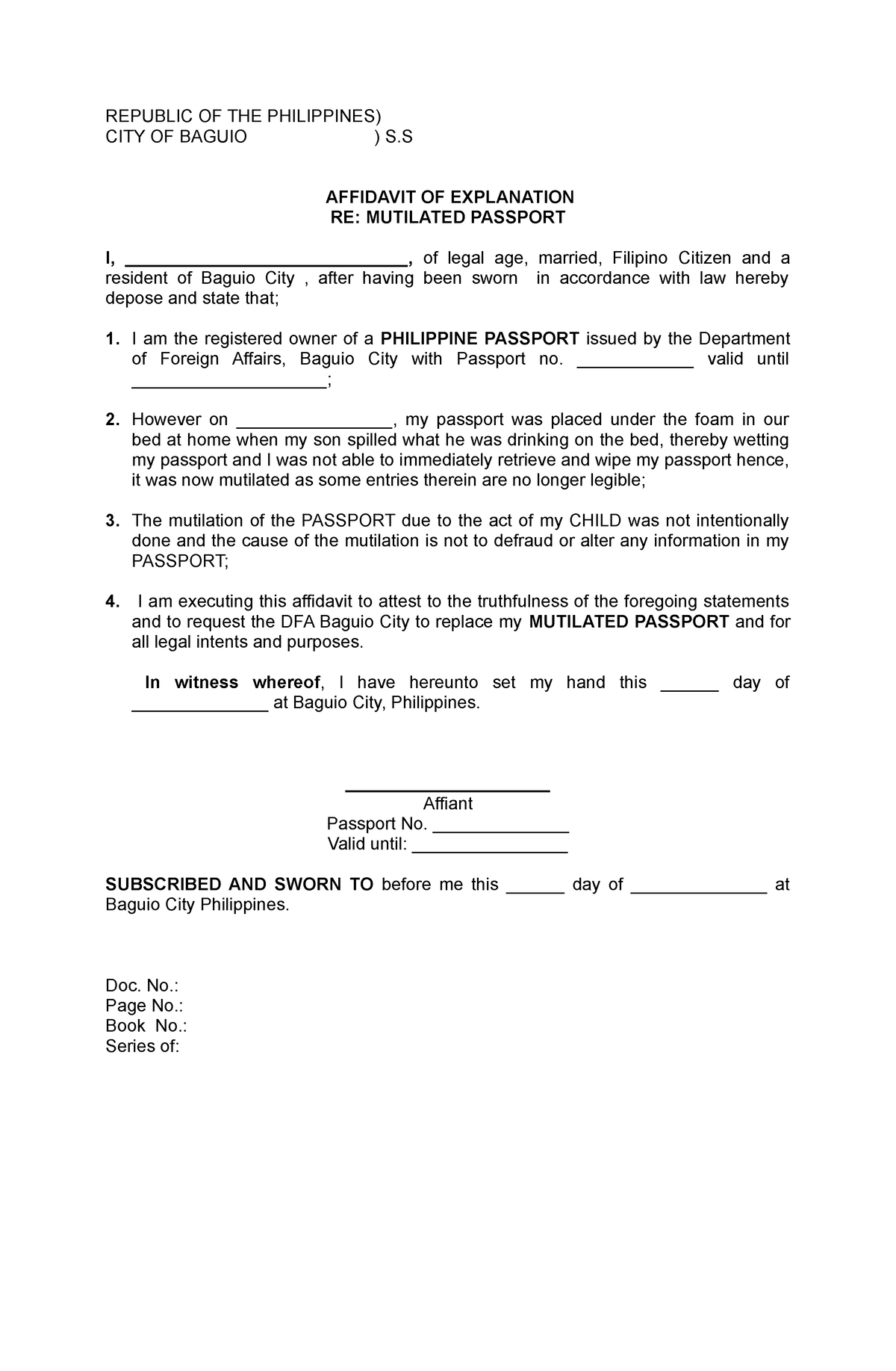 Mutilated Passport Blank Republic Of The Philippines City Of Baguio S Affidavit Of 0810