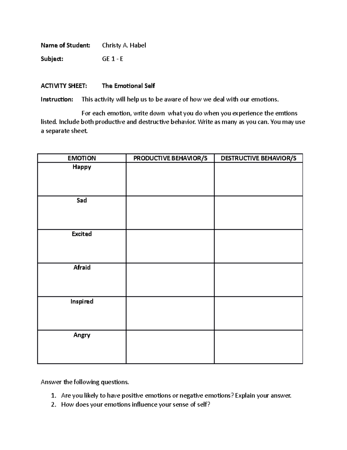 Emotion Activity Sheet - Name of Student: Subject: Christy A. HabelGE 1 ...