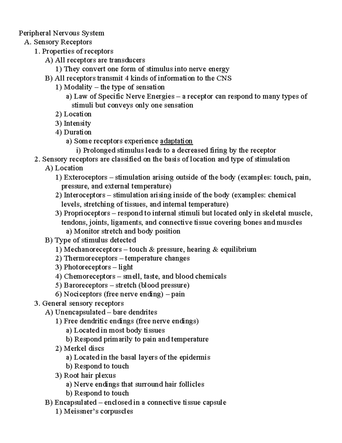 Peripheral Nervous System Notes - Peripheral Nervous System A. Sensory ...