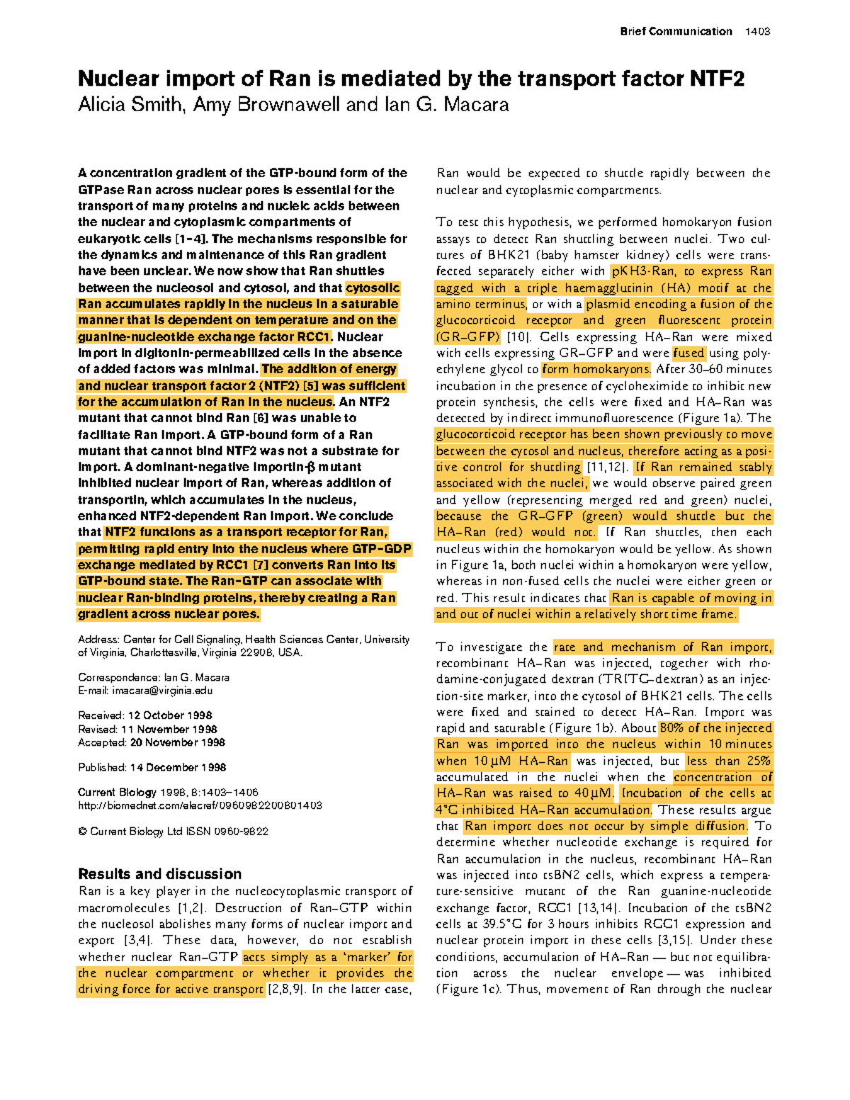Smith et al - notes - Brief Communication 1403 Nuclear import of Ran is ...
