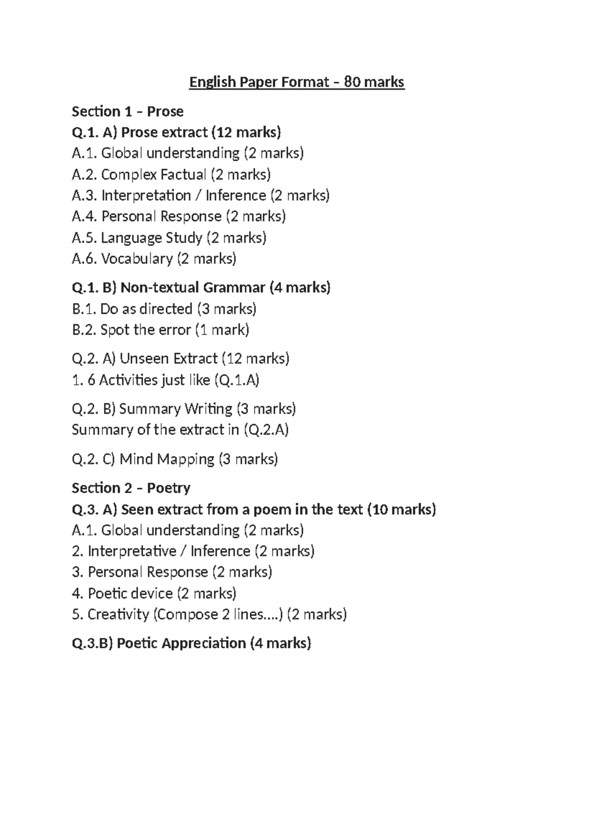 Board Paper Format - notes - English Paper Format – 80 marks Section 1 ...