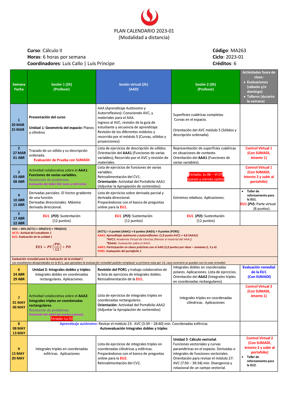 MA263 Plan calendario - Modalidad virtual - Cálculo 2 - UPC - Studocu
