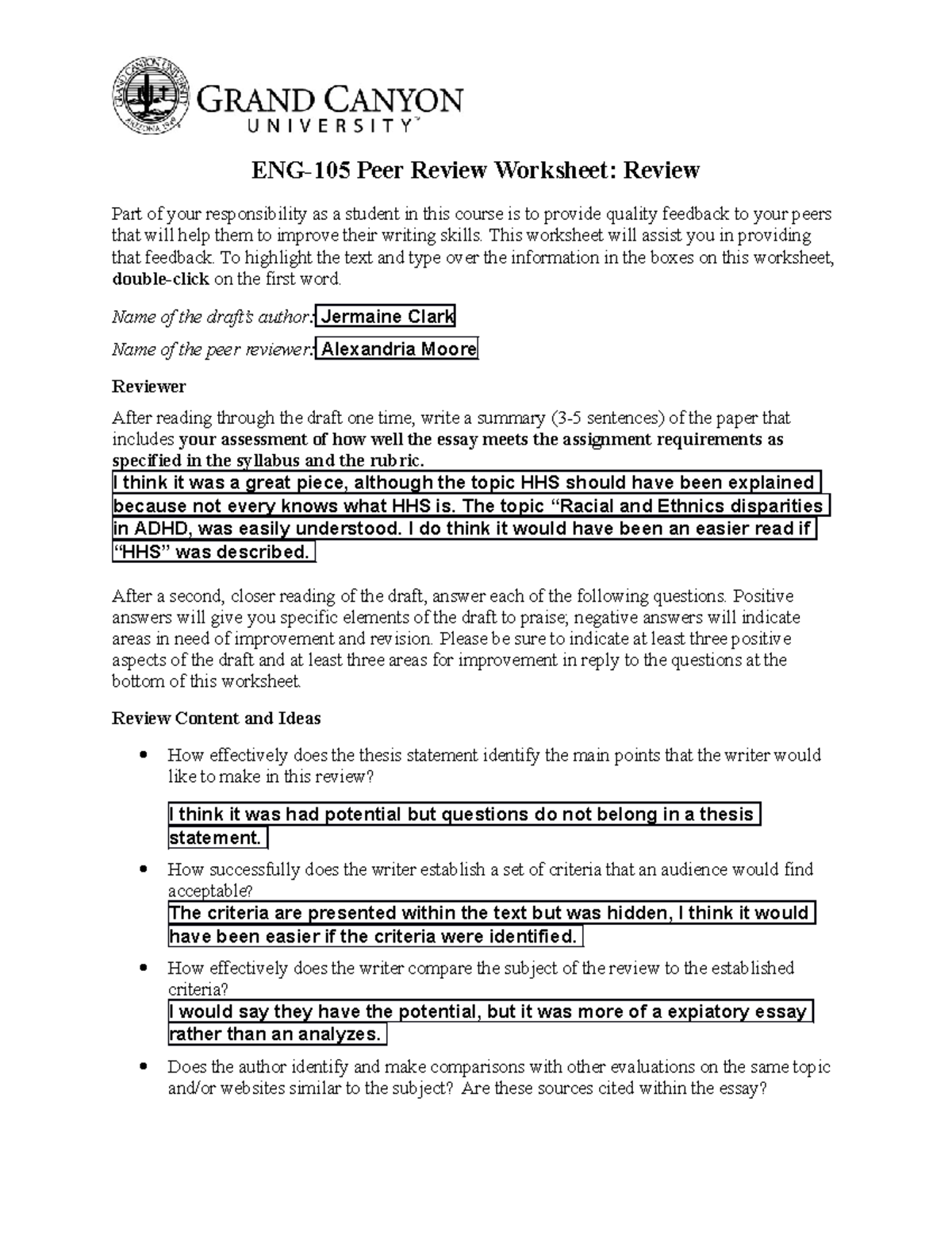 Review Peer Review Worksheet Revised - ENG-105 Peer Review Worksheet ...