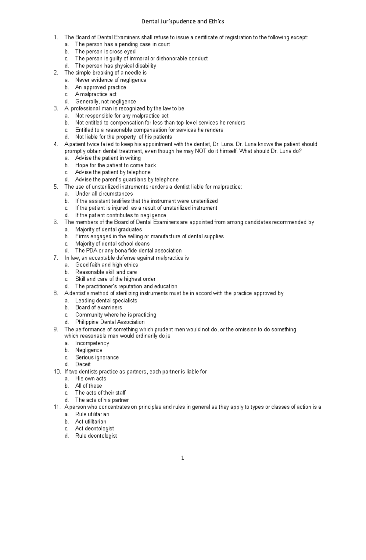 Exam 2018, questions and answers - Dental Jurispudence and Ethics 1 ...