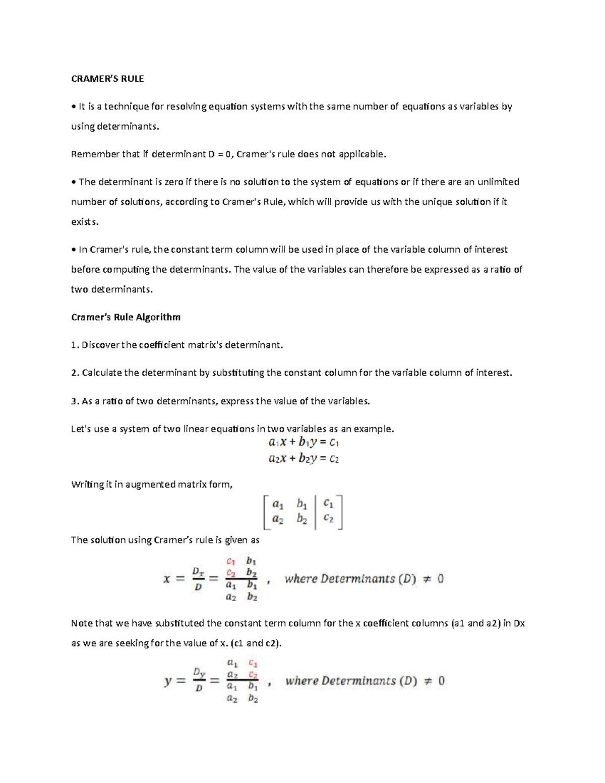 Cramer’S RULE This lecture note explains and teaches how to use
