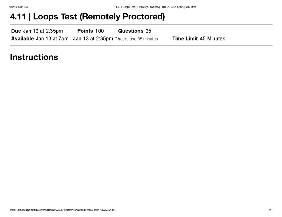 4.11 Loops Test (Remotely Proctored) JHS Apcsa Spring Schieffer - 4 ...