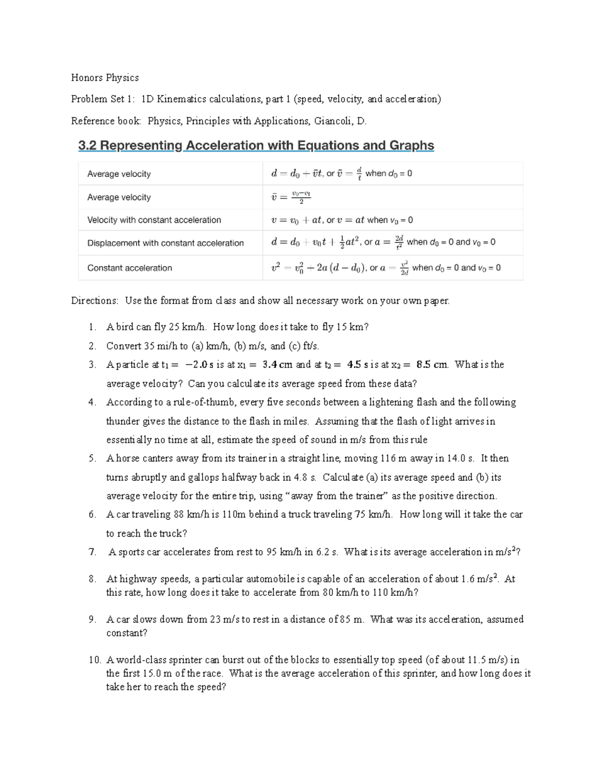 P Set1-1Dkinematics-1 - Honors Physics Problem Set 1: 1D Kinematics ...