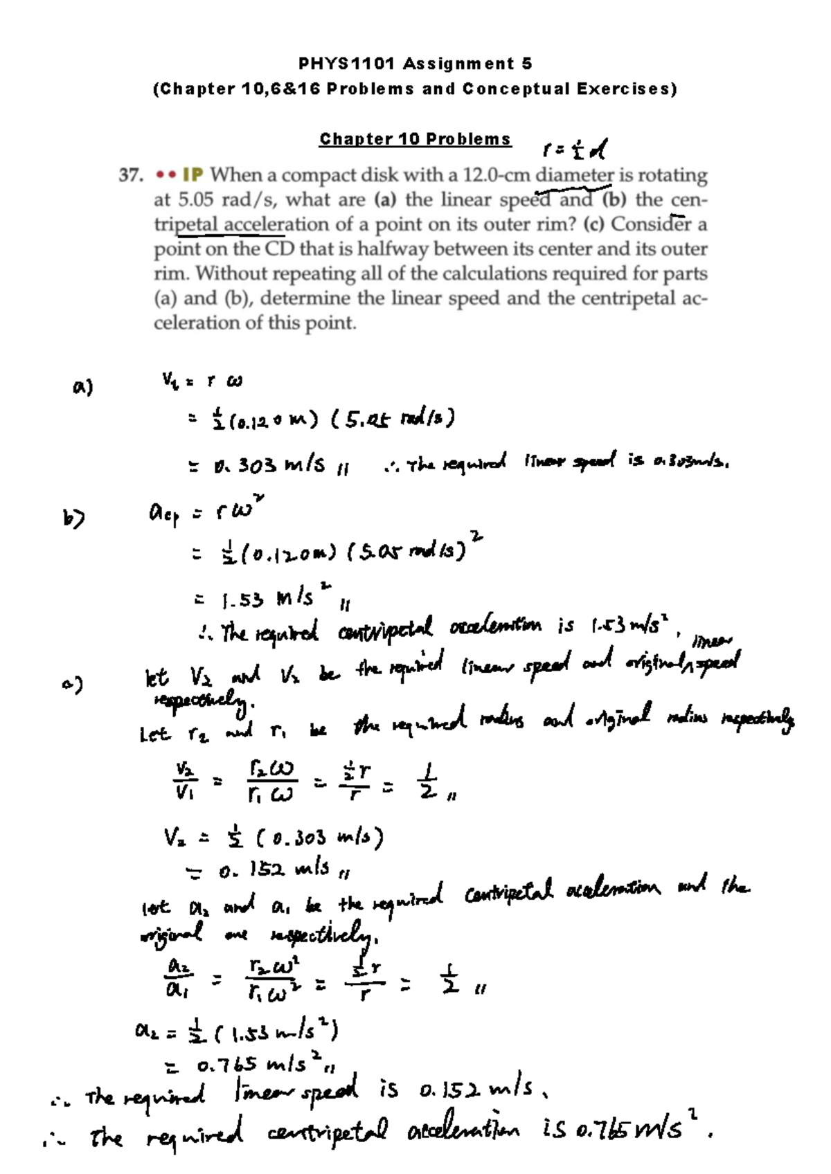 As+5+%28Ch+10%2C6%2616%29 - PHYS1101 Assignment 5 (Chapter 10 ,6& 16 ...