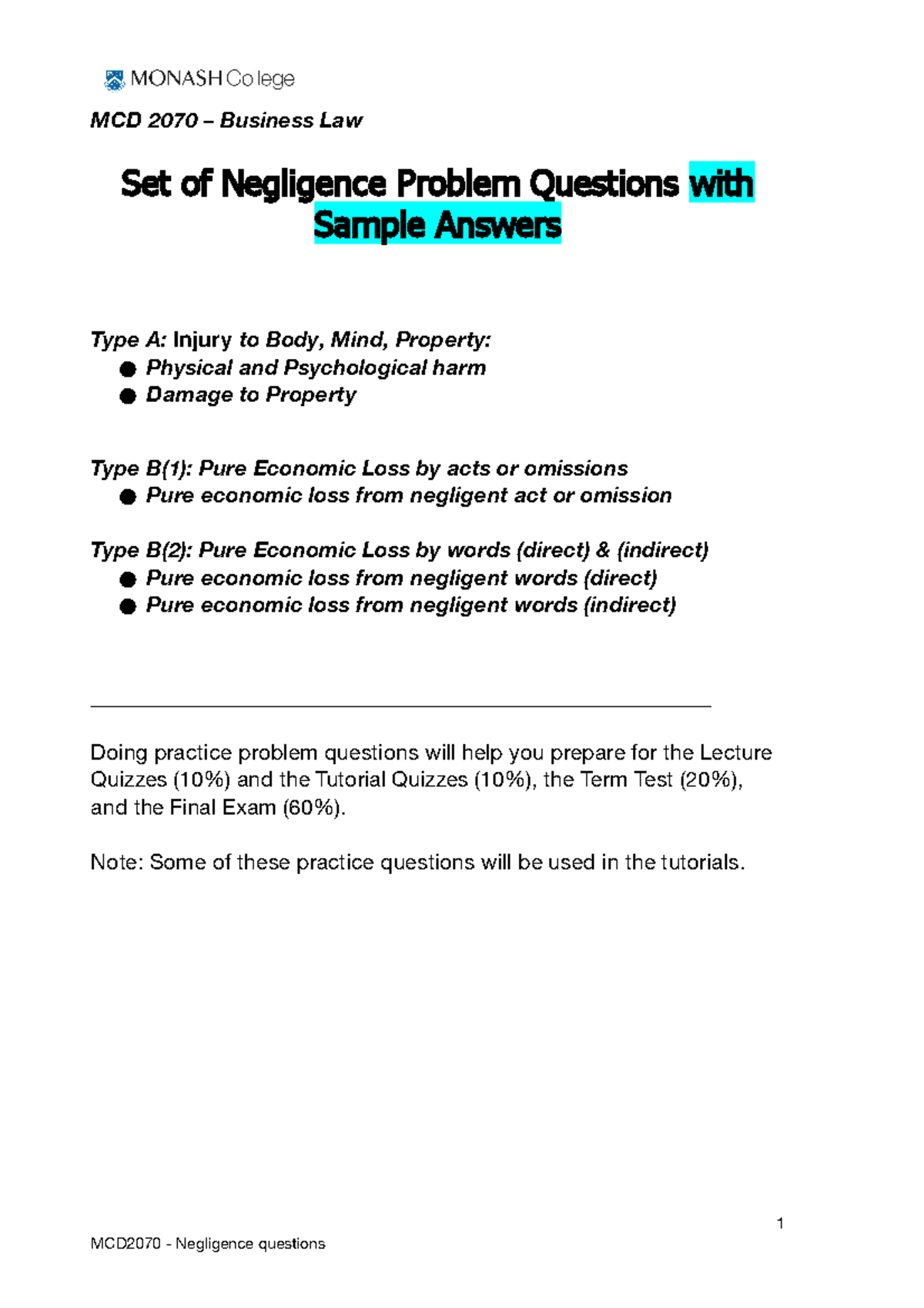 2.0 Negligence Questions - all categories - MCD 2070 – Business Law Set ...