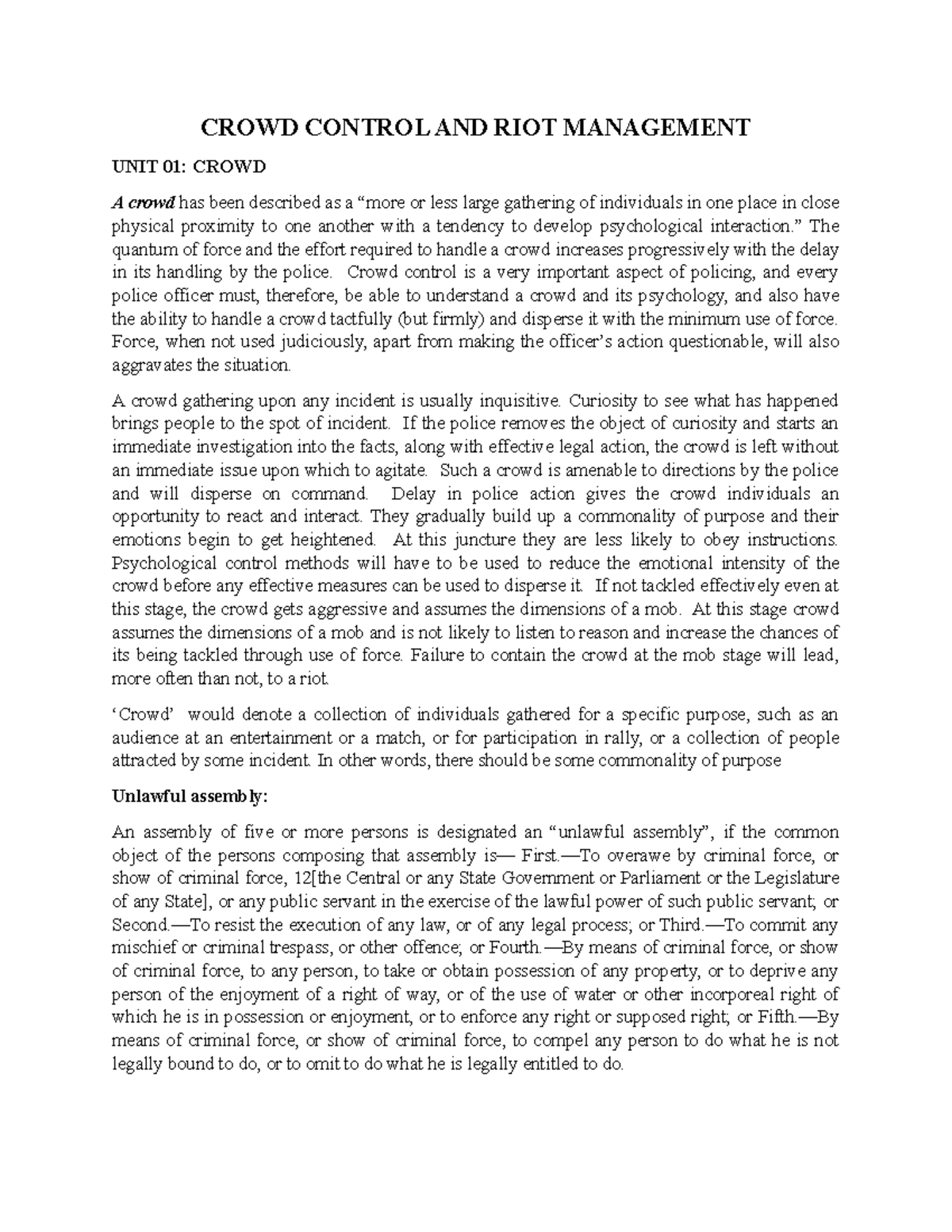 Crowd control and riot management notes - CROWD CONTROL AND RIOT ...