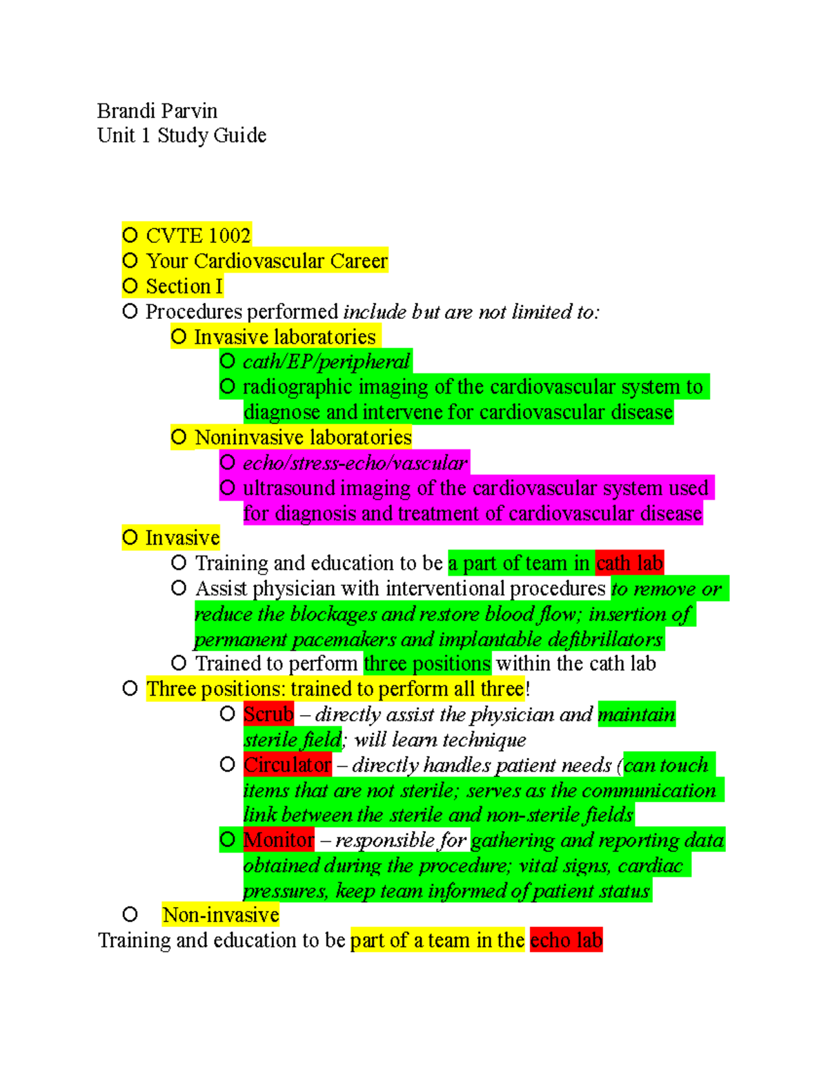 Cvtunit 1 Studyguide - ........... - Brandi Parvin Unit 1 Study Guide ...