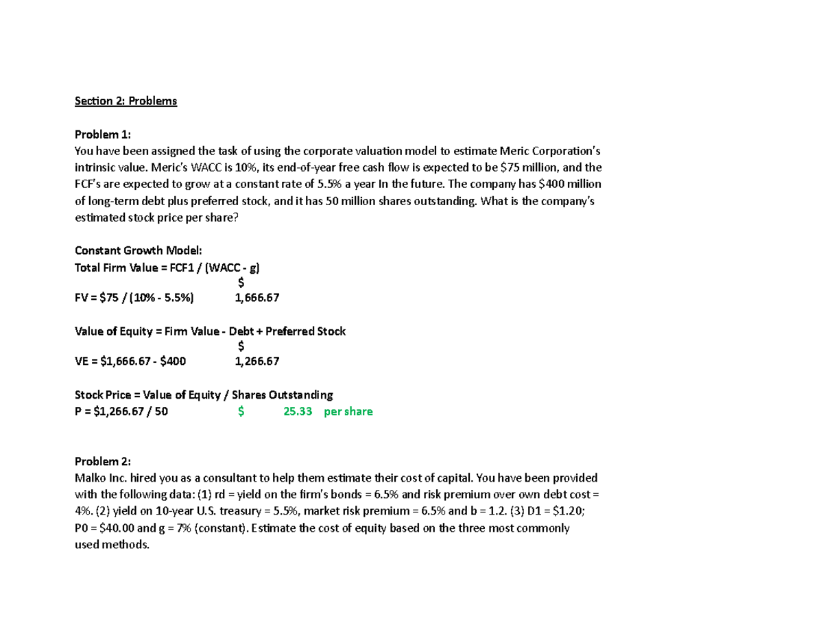 Financial Management Final Exam Review Problems Section 2 Problems