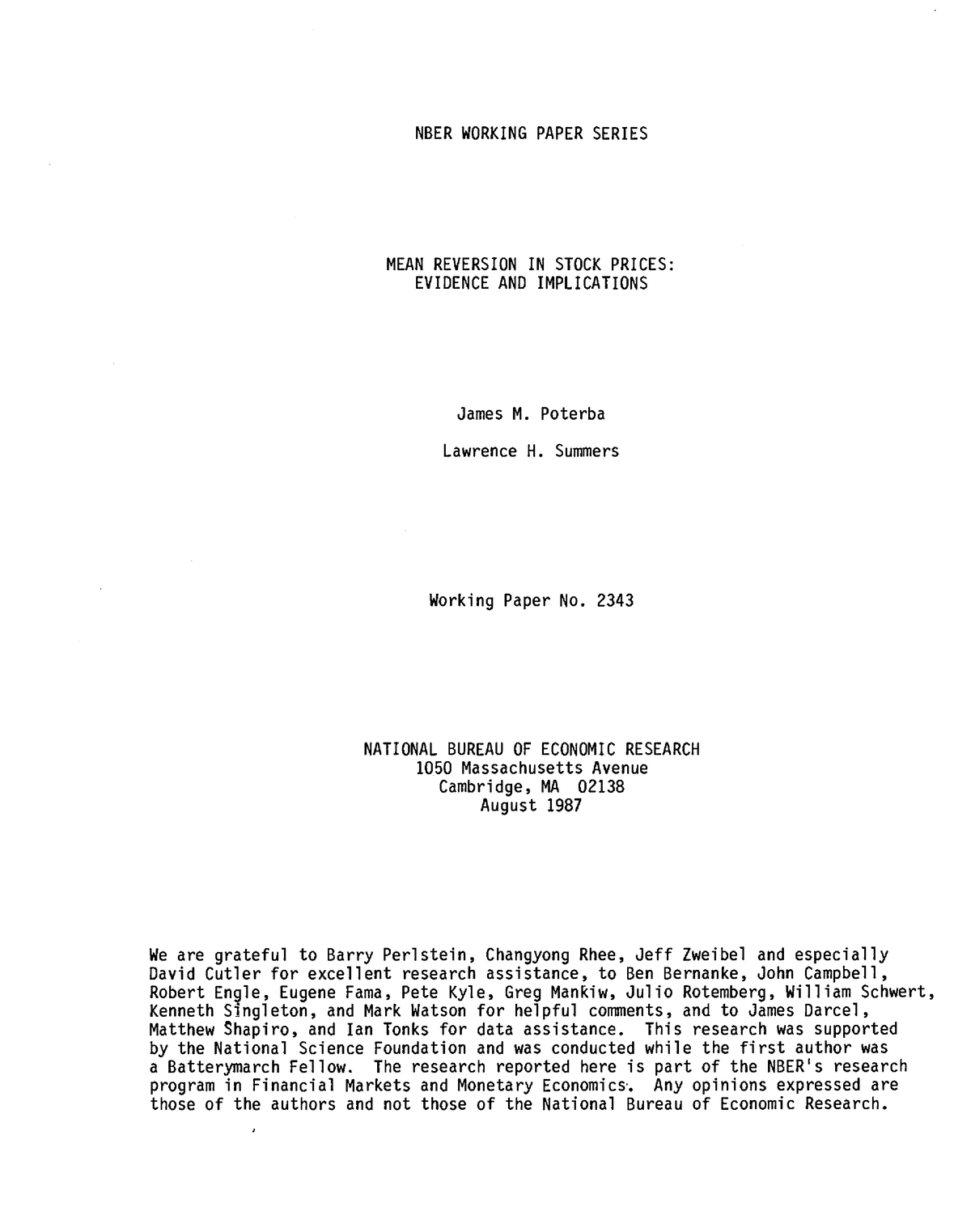 SSRN-id227278 - Bbbbbbbbbbbb - NBER WORKING PAPER SERIES MEAN REVERSION ...