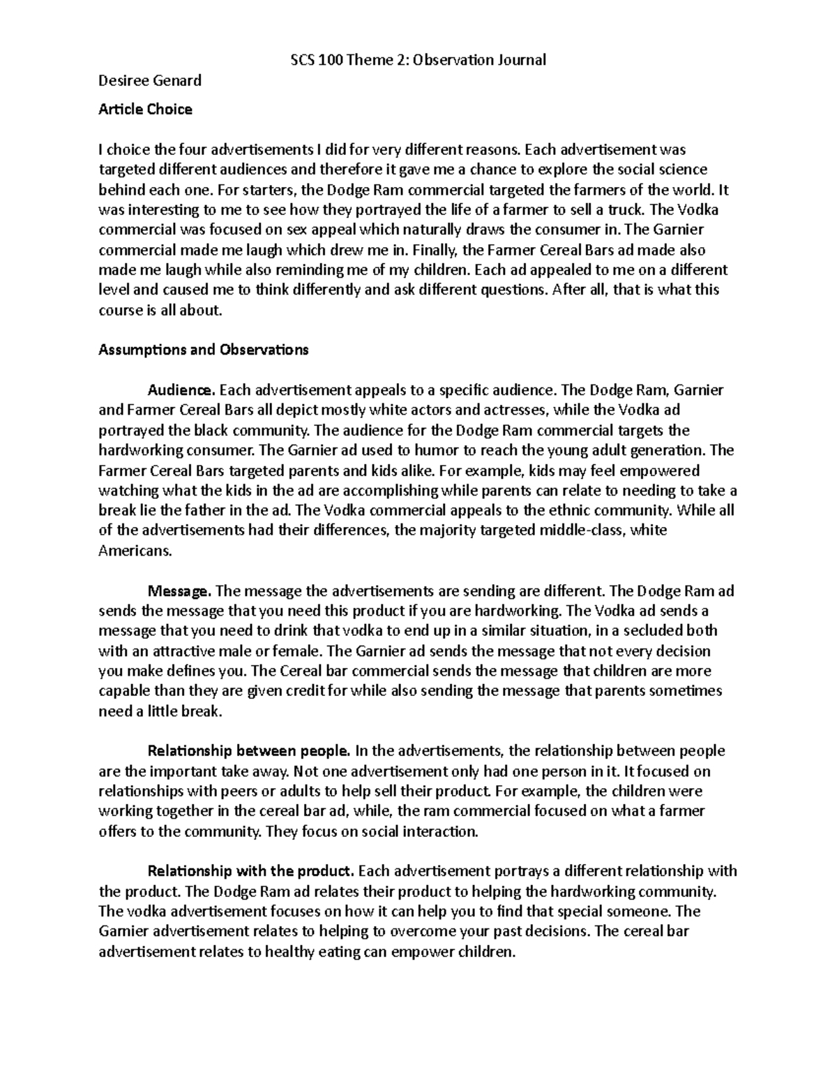 SCS 100 Theme 2- Observation Journal - SCS 100 Theme 2: Observation ...