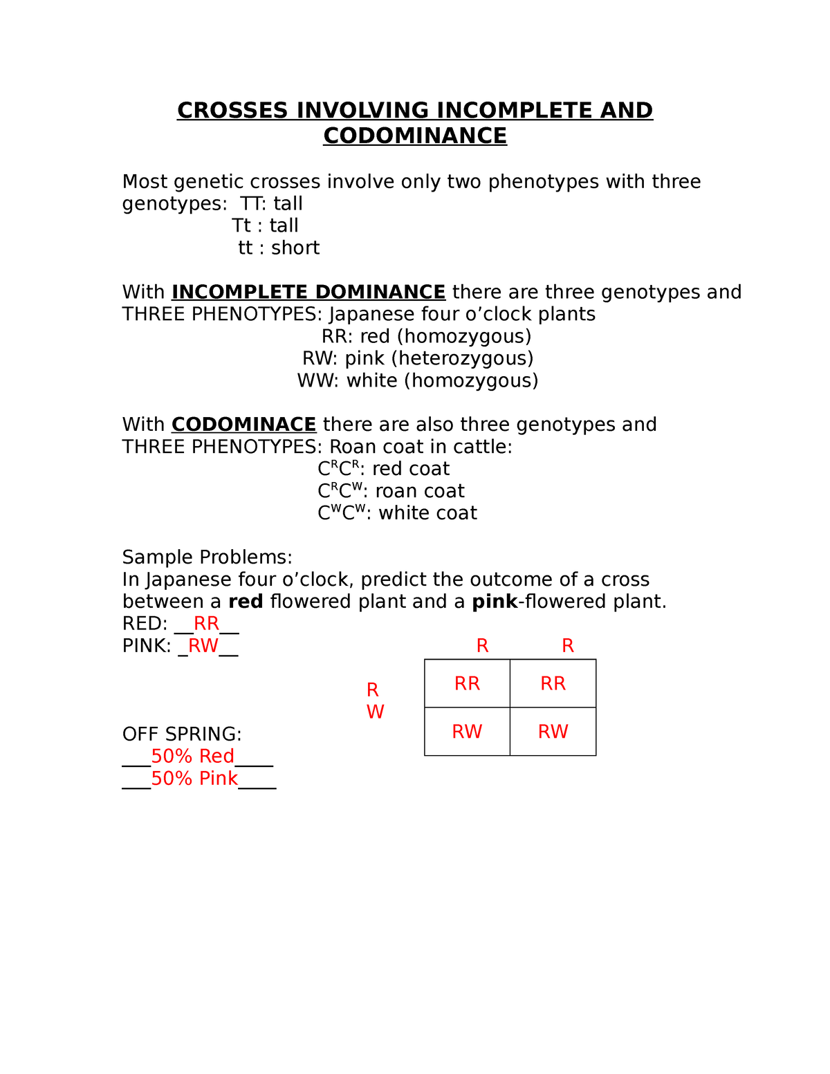 Incomplete And Codominance Hc - CROSSES INVOLVING INCOMPLETE AND ...