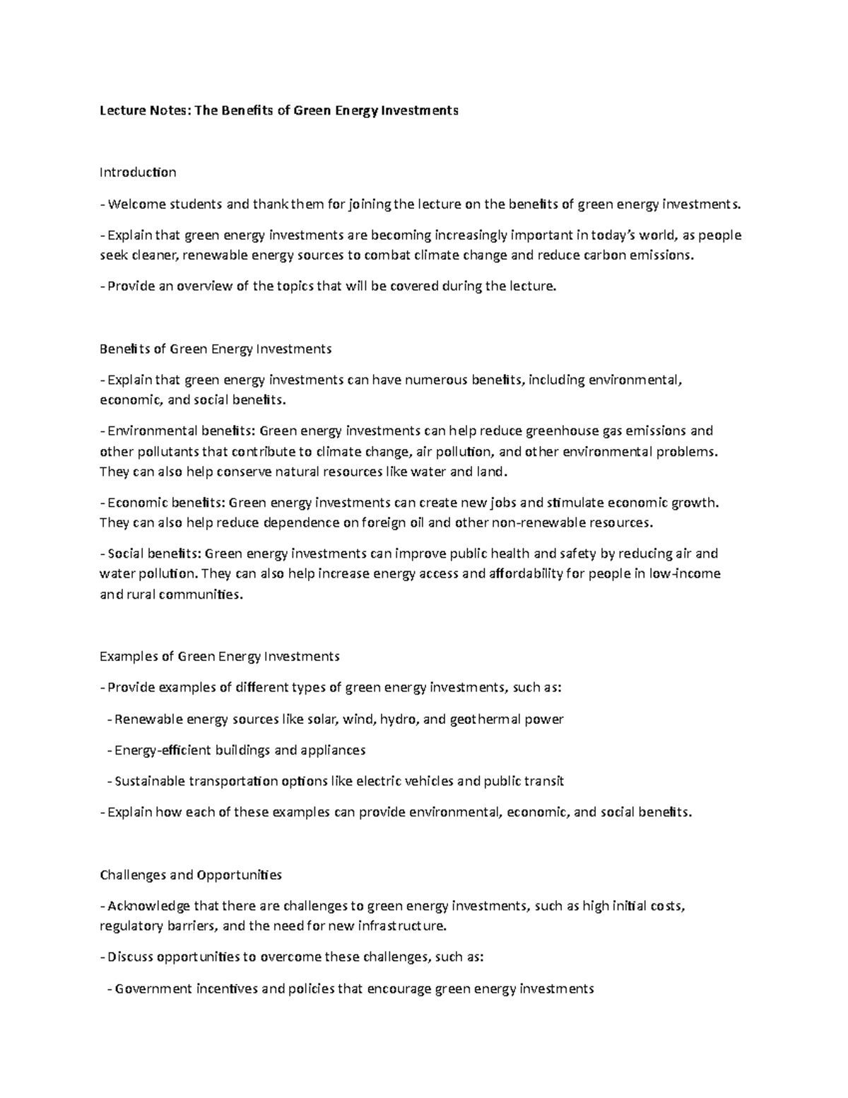 Lecture Notes The Benefits of Green Energy Investments Lecture Notes