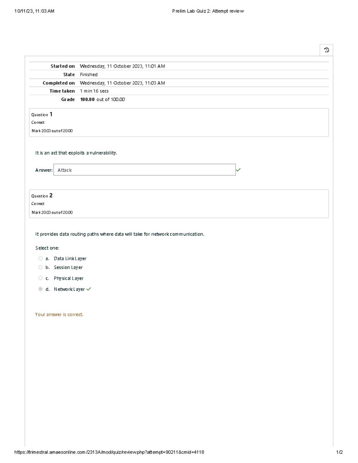 Prelim Lab Quiz 2 Attempt Review - 10/11/23, 11:03 AM Prelim Lab Quiz 2 ...