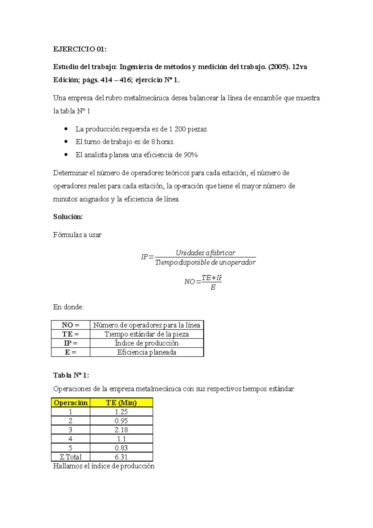 Tarea Balance De Línea - EJERCICIO 01: Estudio Del Trabajo: Ingeniería ...