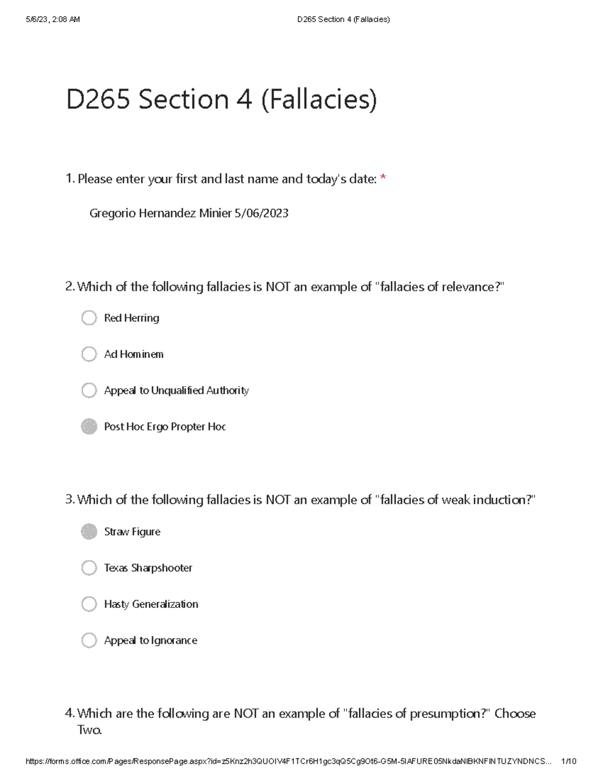 D265 Section 4 (Fallacies) - D265 Section 4 (Fallacies) 1. Please Enter ...