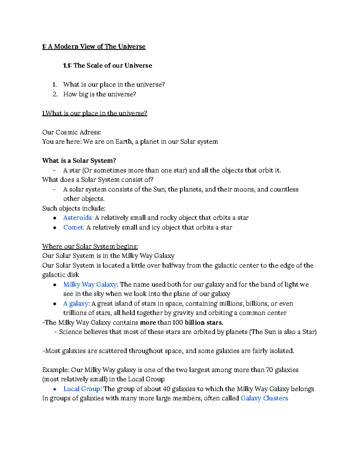 AST 105 - Midterm 1 - 1 A Modern View of The Universe 1 The Scale of ...